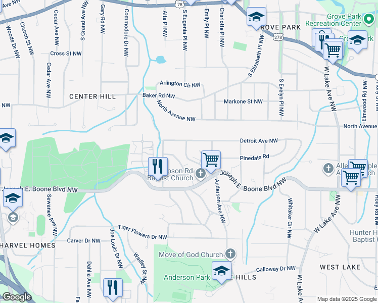 map of restaurants, bars, coffee shops, grocery stores, and more near 403 Westchester Boulevard Northwest in Atlanta