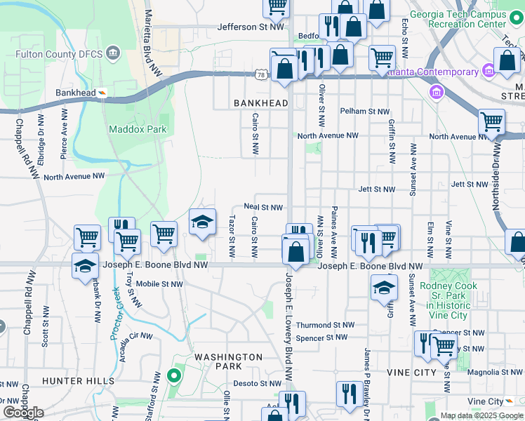 map of restaurants, bars, coffee shops, grocery stores, and more near 964 Neal Street Northwest in Atlanta