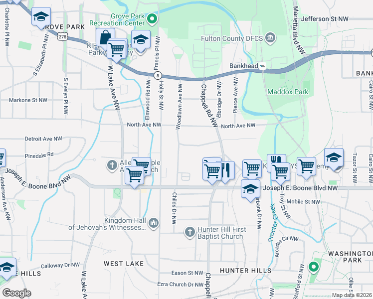 map of restaurants, bars, coffee shops, grocery stores, and more near 1451 Kennesaw Drive Northwest in Atlanta