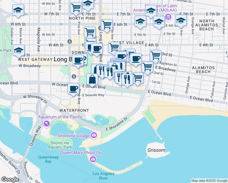 map of restaurants, bars, coffee shops, grocery stores, and more near 388 East Ocean Boulevard in Long Beach