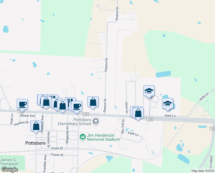 map of restaurants, bars, coffee shops, grocery stores, and more near 135 Pearce Drive in Pottsboro