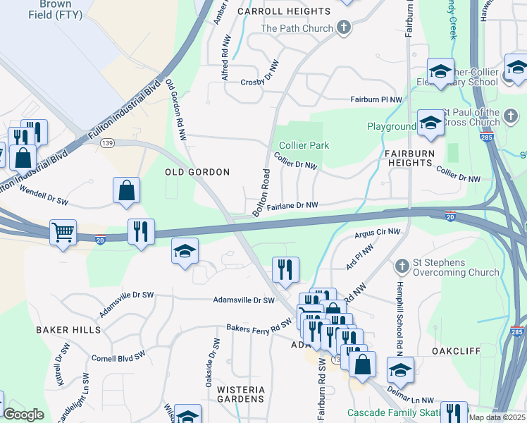 map of restaurants, bars, coffee shops, grocery stores, and more near 3698 Fairlane Drive Northwest in Atlanta