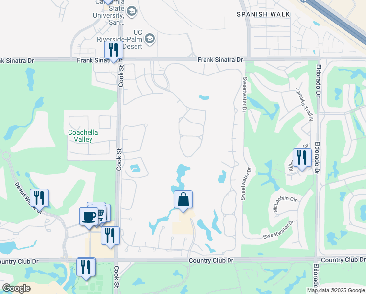 map of restaurants, bars, coffee shops, grocery stores, and more near 240 Vista Royale Circle West in Palm Desert