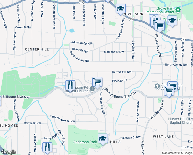 map of restaurants, bars, coffee shops, grocery stores, and more near 406 Illinois Avenue Northwest in Atlanta