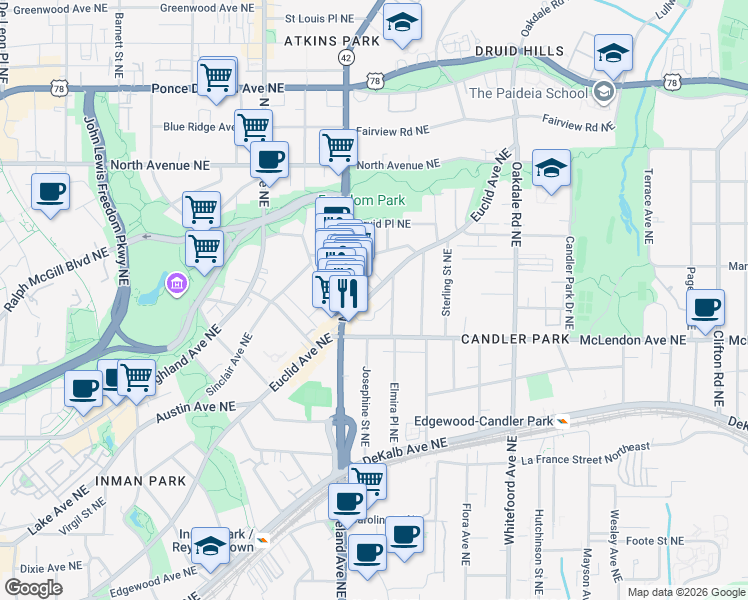 map of restaurants, bars, coffee shops, grocery stores, and more near 1225 Euclid Avenue Northeast in Atlanta