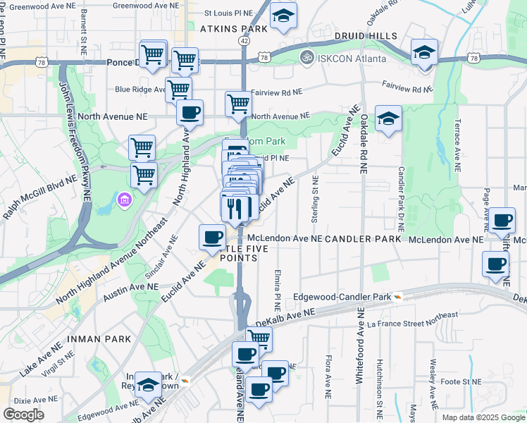 map of restaurants, bars, coffee shops, grocery stores, and more near 1225 Euclid Avenue Northeast in Atlanta