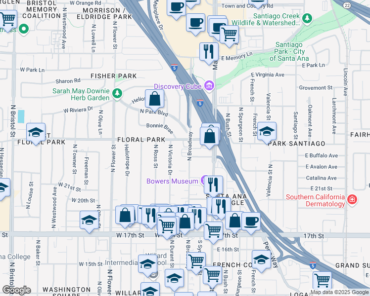 map of restaurants, bars, coffee shops, grocery stores, and more near in Santa Ana