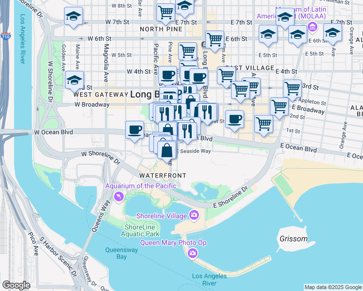 map of restaurants, bars, coffee shops, grocery stores, and more near 40 South Locust Avenue in Long Beach