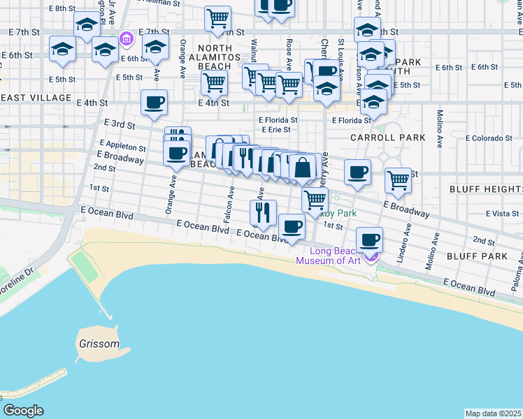 map of restaurants, bars, coffee shops, grocery stores, and more near 102 Gaviota Avenue in Long Beach