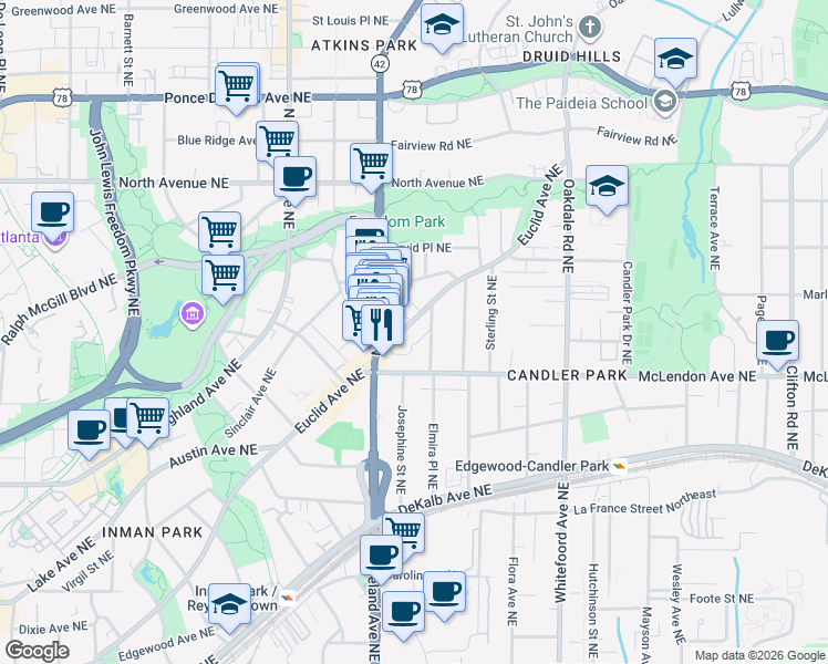 map of restaurants, bars, coffee shops, grocery stores, and more near 1229 Euclid Avenue Northeast in Atlanta