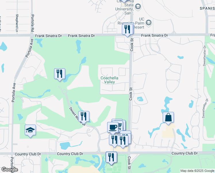 map of restaurants, bars, coffee shops, grocery stores, and more near 23 Covington Drive in Palm Desert