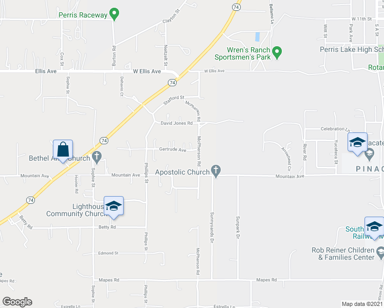 map of restaurants, bars, coffee shops, grocery stores, and more near 24405 Phillips Street in Perris