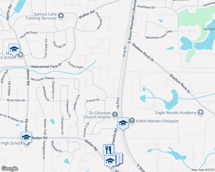 map of restaurants, bars, coffee shops, grocery stores, and more near 783 Fox Valley Drive in Stone Mountain