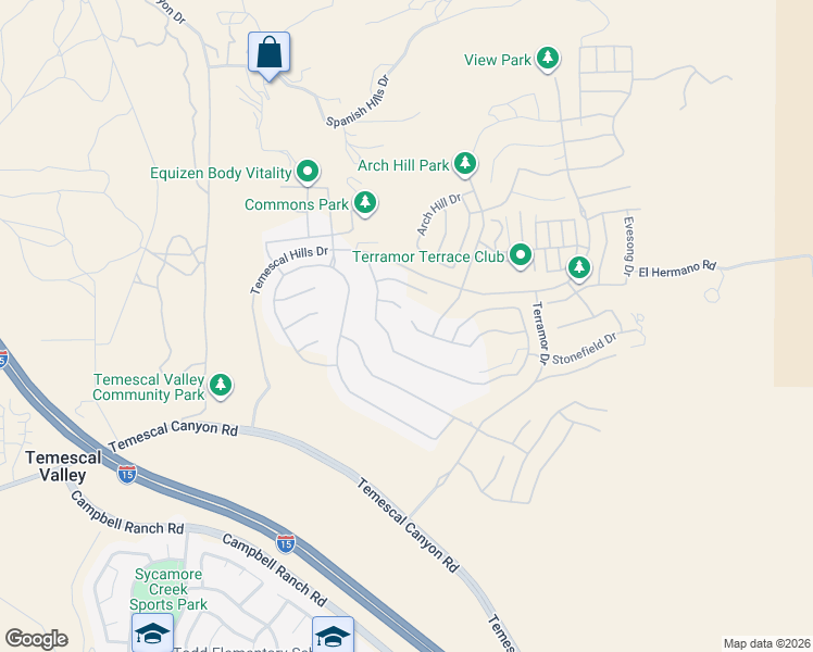 map of restaurants, bars, coffee shops, grocery stores, and more near 11463 Explorer Court in Temescal Valley