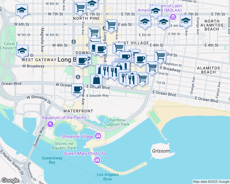 map of restaurants, bars, coffee shops, grocery stores, and more near 388 East Ocean Boulevard in Long Beach