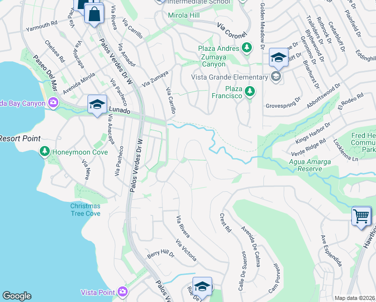 map of restaurants, bars, coffee shops, grocery stores, and more near 2878 Vía Victoria in Palos Verdes Estates