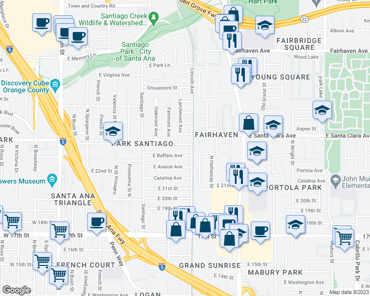 map of restaurants, bars, coffee shops, grocery stores, and more near 1010 East Santa Clara Avenue in Santa Ana