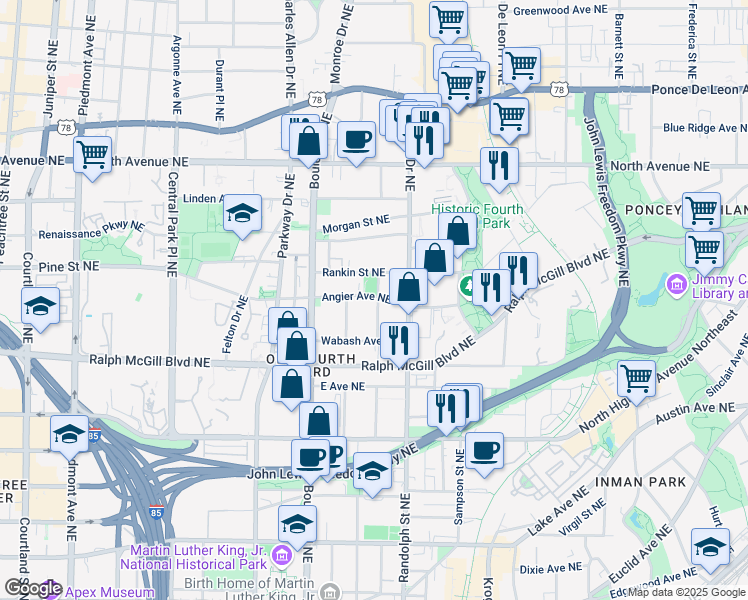 map of restaurants, bars, coffee shops, grocery stores, and more near 545 Angier Avenue Northeast in Atlanta