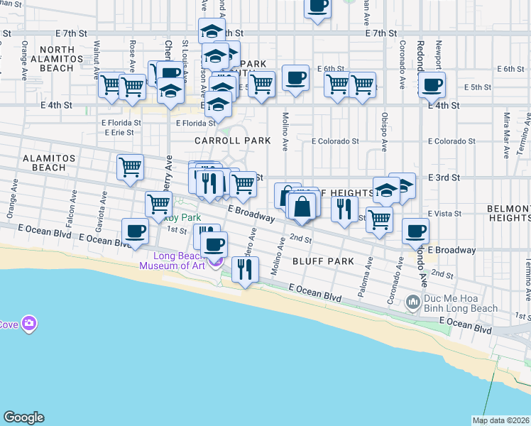 map of restaurants, bars, coffee shops, grocery stores, and more near 221 Wisconsin Avenue in Long Beach