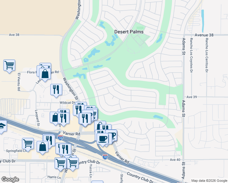 map of restaurants, bars, coffee shops, grocery stores, and more near 78417 Palm Tree Avenue in Palm Desert