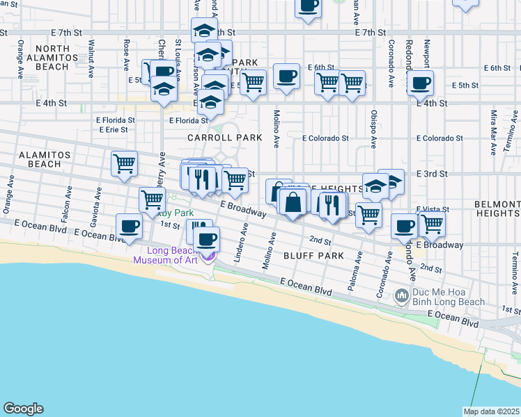 map of restaurants, bars, coffee shops, grocery stores, and more near 2 Wisconsin Avenue in Long Beach