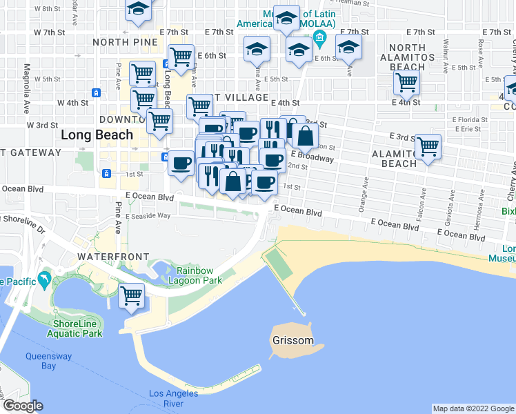 map of restaurants, bars, coffee shops, grocery stores, and more near E Ocean Blvd & Lime Ave in Long Beach