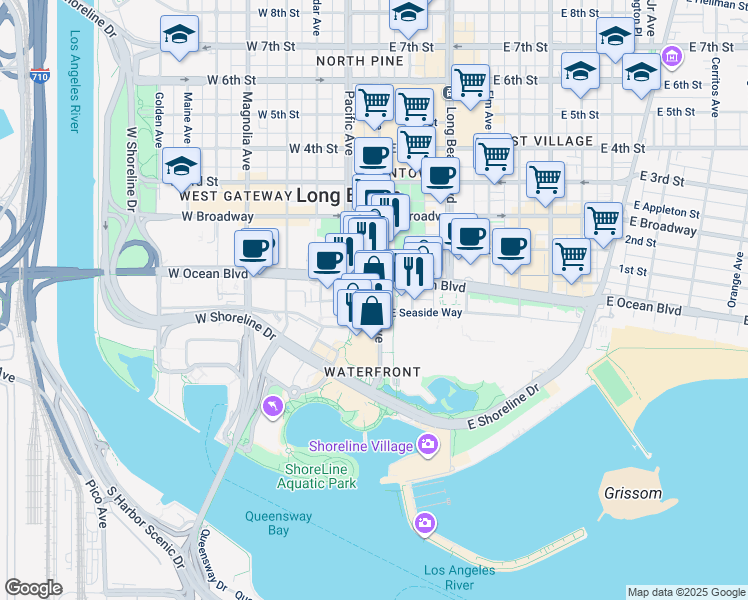 map of restaurants, bars, coffee shops, grocery stores, and more near in Long Beach