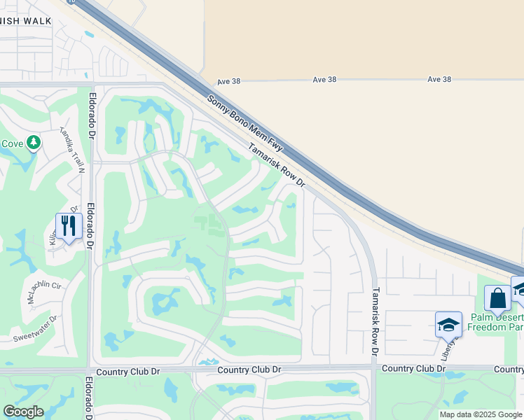 map of restaurants, bars, coffee shops, grocery stores, and more near 38782 Wisteria Drive in Palm Desert