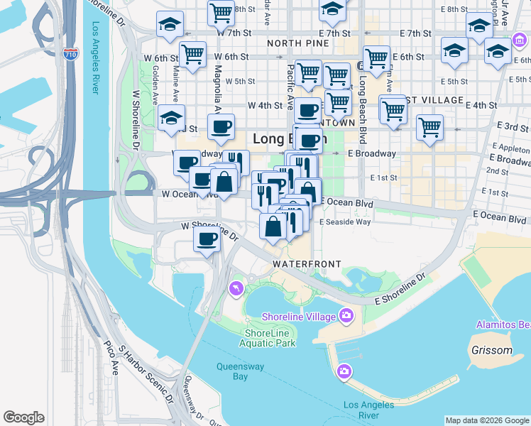 map of restaurants, bars, coffee shops, grocery stores, and more near 300 West Ocean Boulevard in Long Beach