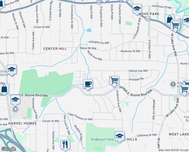 map of restaurants, bars, coffee shops, grocery stores, and more near 397 Yonkers Avenue Northwest in Atlanta