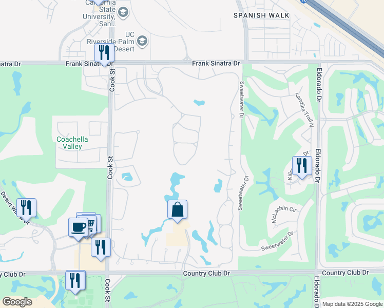 map of restaurants, bars, coffee shops, grocery stores, and more near 237 Vista Royale Circle East in Palm Desert