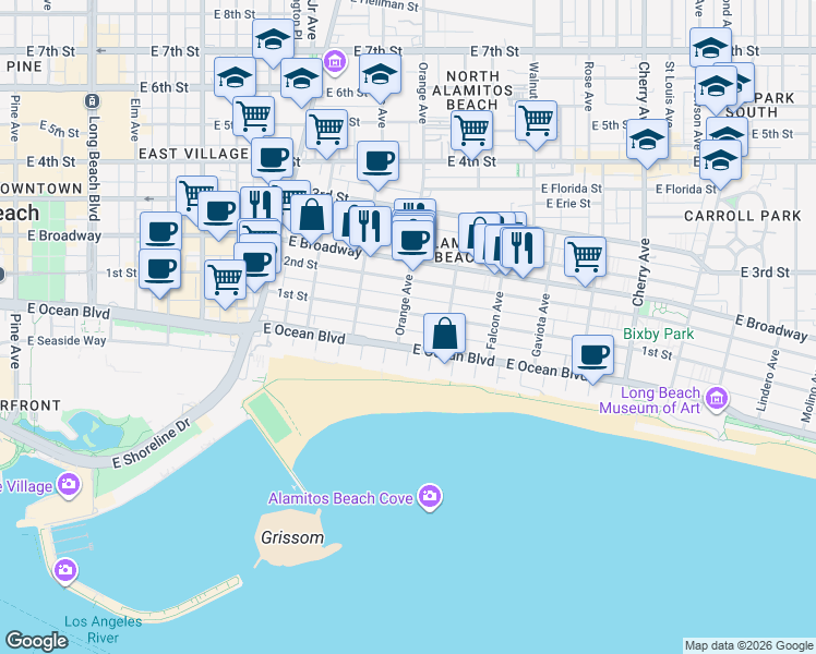 map of restaurants, bars, coffee shops, grocery stores, and more near 33 Orange Avenue in Long Beach