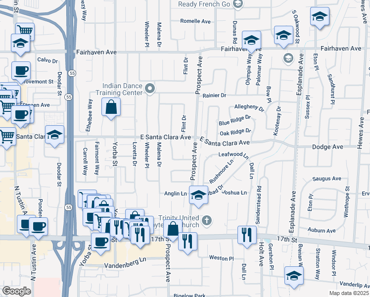 map of restaurants, bars, coffee shops, grocery stores, and more near 13531 Prospect Avenue in Santa Ana