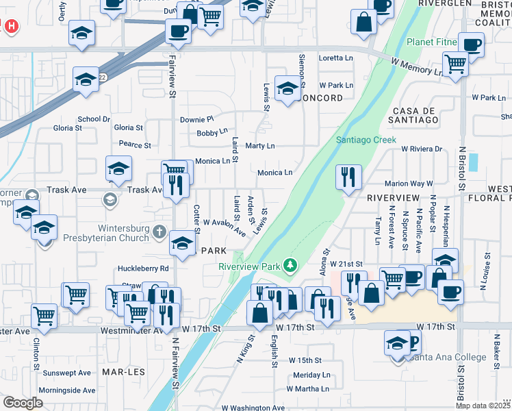 map of restaurants, bars, coffee shops, grocery stores, and more near 2214 Arden Street in Santa Ana