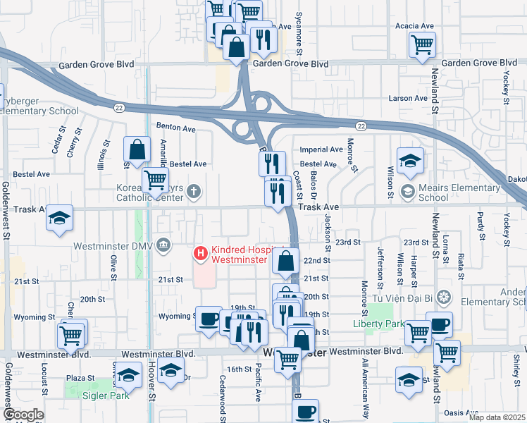 map of restaurants, bars, coffee shops, grocery stores, and more near 7900 Trask Avenue in Westminster