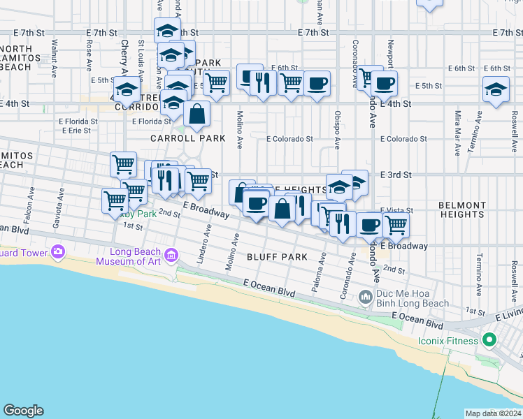 map of restaurants, bars, coffee shops, grocery stores, and more near 6 Colorado Place in Long Beach
