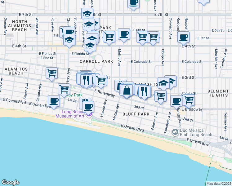 map of restaurants, bars, coffee shops, grocery stores, and more near 257 Molino Avenue in Long Beach