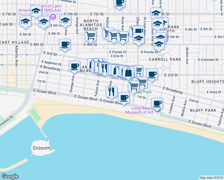 map of restaurants, bars, coffee shops, grocery stores, and more near in Long Beach