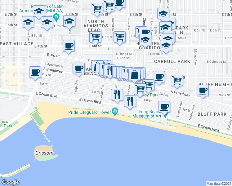 map of restaurants, bars, coffee shops, grocery stores, and more near in Long Beach