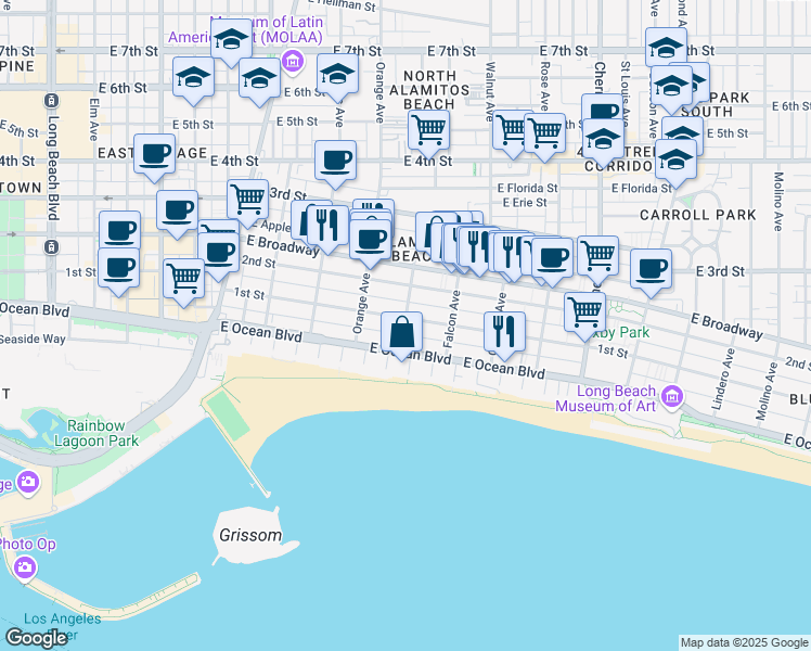 map of restaurants, bars, coffee shops, grocery stores, and more near 1250 East 1st Street in Long Beach