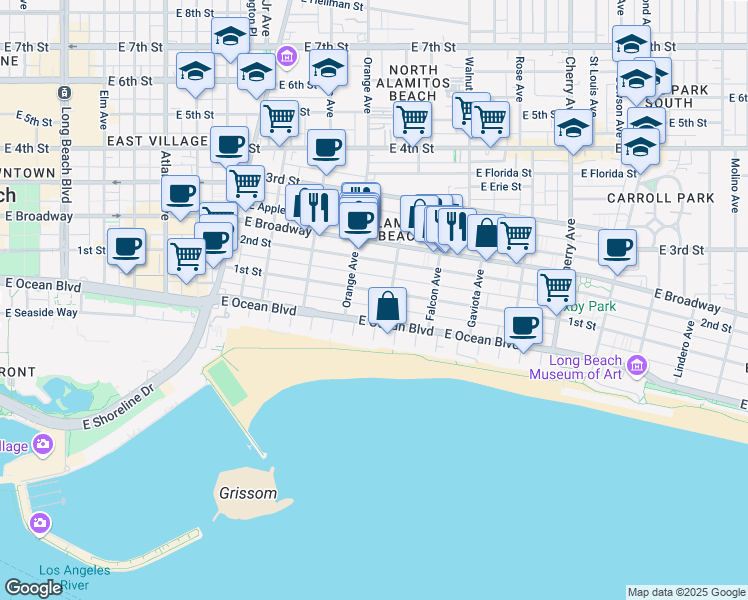 map of restaurants, bars, coffee shops, grocery stores, and more near 1250 East 1st Street in Long Beach