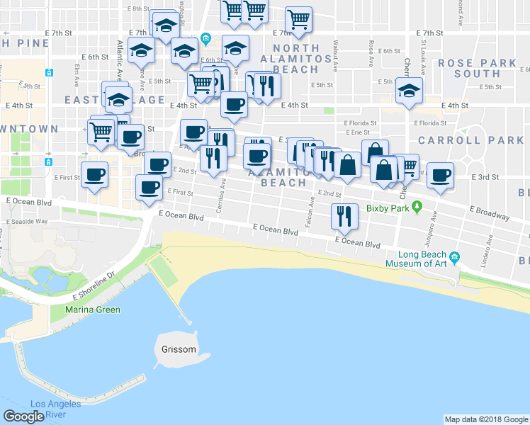 map of restaurants, bars, coffee shops, grocery stores, and more near 1250 East 1st Street in Long Beach