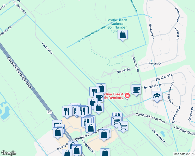 map of restaurants, bars, coffee shops, grocery stores, and more near 5080 Windsor Green Way in Myrtle Beach
