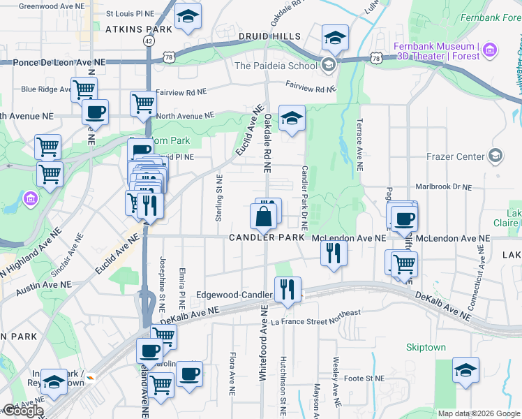 map of restaurants, bars, coffee shops, grocery stores, and more near 442 Oakdale Road Northeast in Atlanta