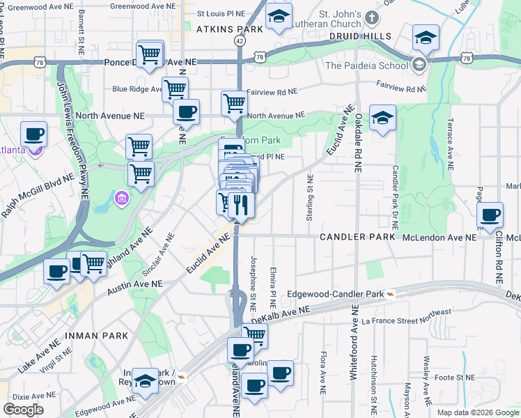 map of restaurants, bars, coffee shops, grocery stores, and more near 1225 Euclid Avenue Northeast in Atlanta