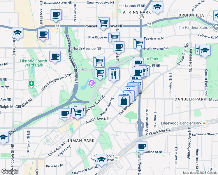 map of restaurants, bars, coffee shops, grocery stores, and more near 1018 Albion Avenue Northeast in Atlanta