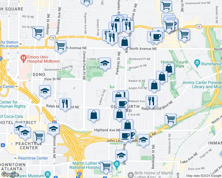 map of restaurants, bars, coffee shops, grocery stores, and more near 448 Parkway Drive Northeast in Atlanta
