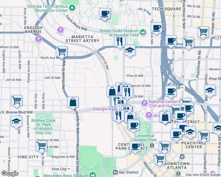 map of restaurants, bars, coffee shops, grocery stores, and more near 91 Marietta Street NorthWest in Atlanta