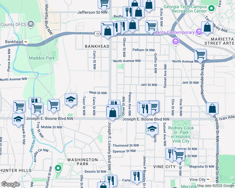 map of restaurants, bars, coffee shops, grocery stores, and more near 435 Joseph E. Lowery Boulevard Northwest in Atlanta