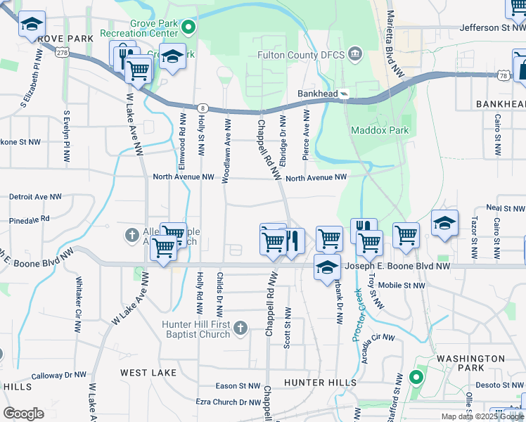map of restaurants, bars, coffee shops, grocery stores, and more near 1406 Kennesaw Drive Northwest in Atlanta